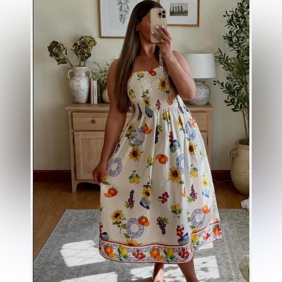 H&M Smocked Bodice Icon Fruit Floral Print Midi Dress Size Large - Picture 2 of 6